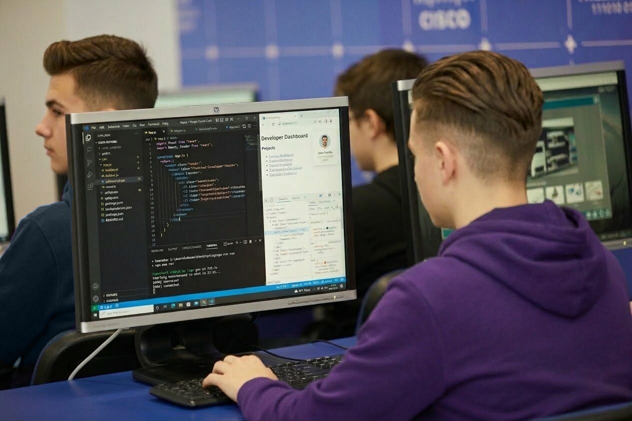 Студент у комп'ютерному класі працює над проєктом: на екрані редактор коду й панель проєктів